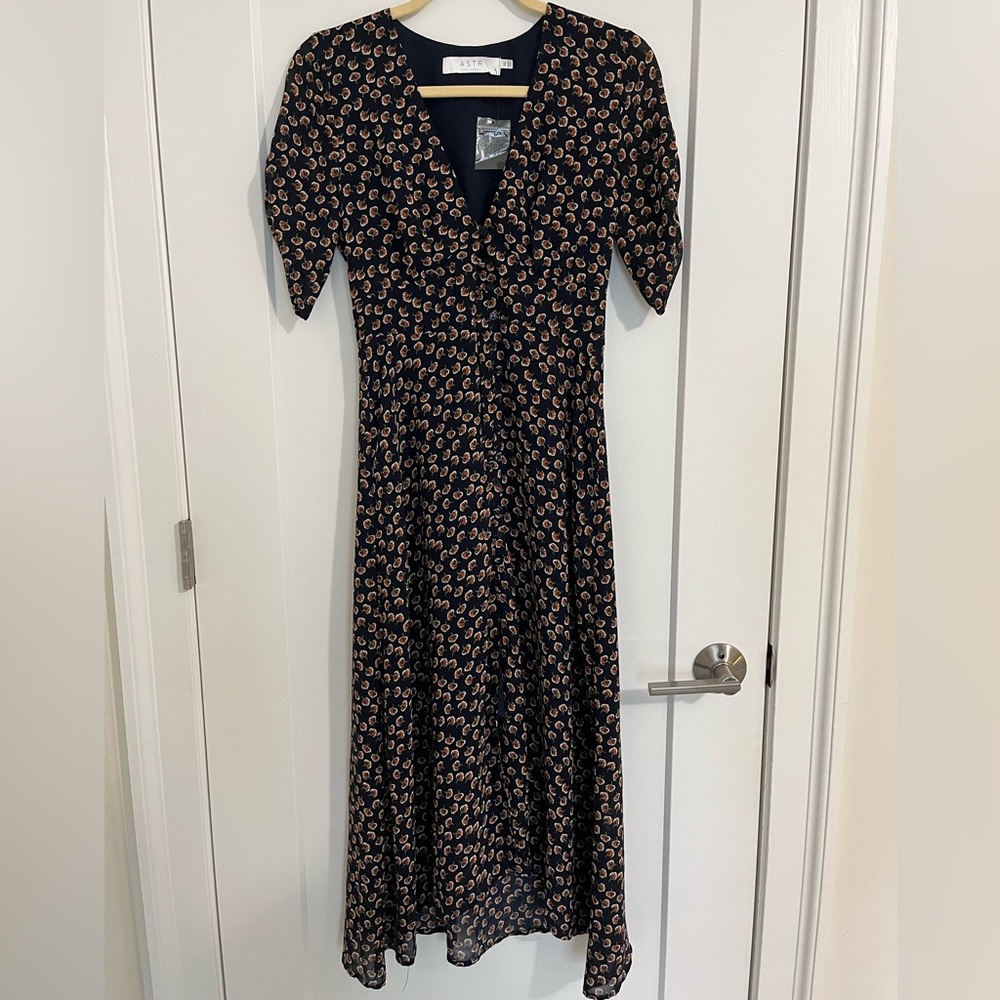ASTR navy and brown floral midi dress